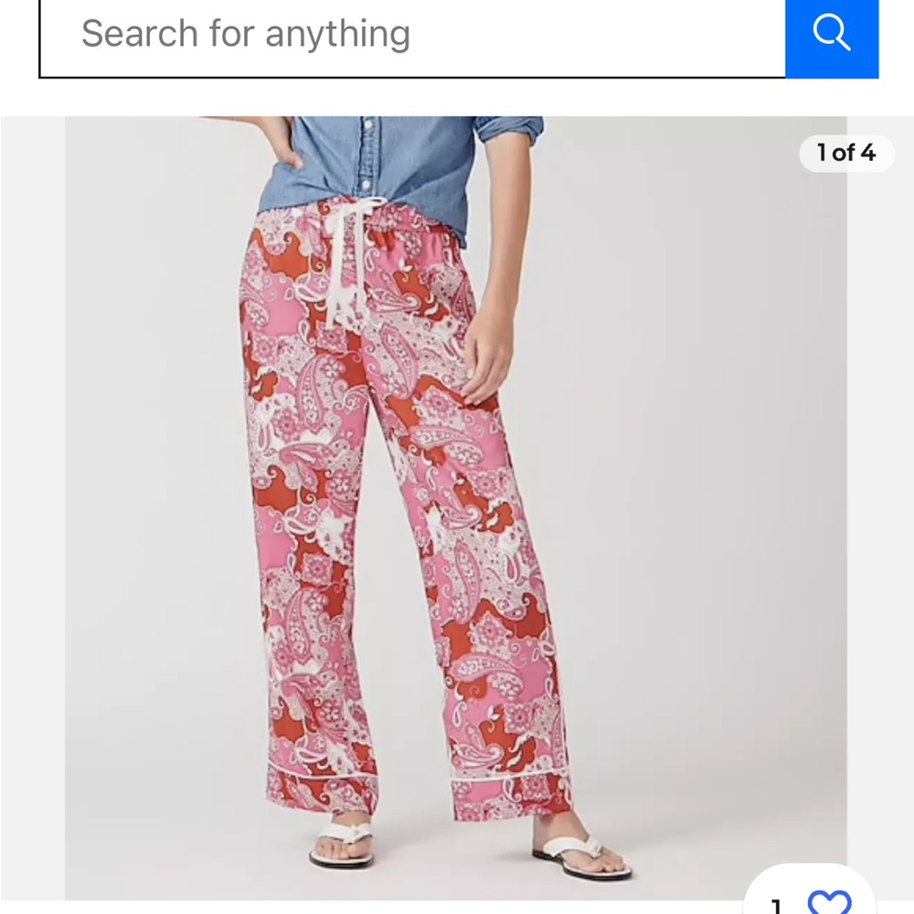 NWT, 00, Jcrew paisley pant with pockets white satin around leg opening and side